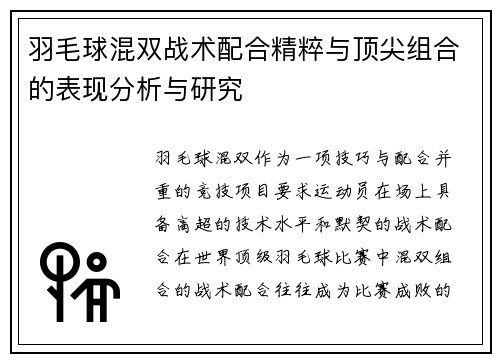羽毛球混双战术配合精粹与顶尖组合的表现分析与研究 羽毛球混双战术配合精粹与顶尖组合的表现分析与研究